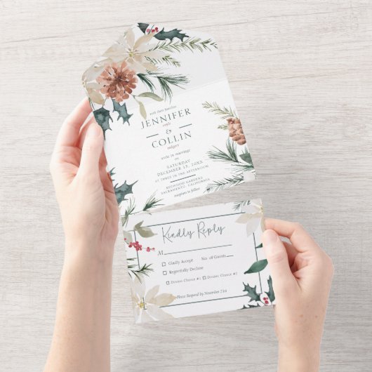 Rustieke kerstden & bessen wit diner all in one uitnodiging (Afscheurbaar)