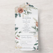 Rustieke kerstden & bessen wit diner all in one uitnodiging (Binnen)