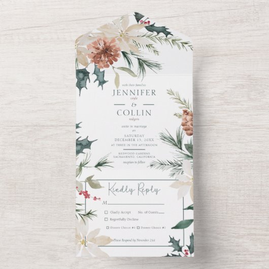 Rustieke kerstden & bessen wit diner all in one uitnodiging (Binnen)