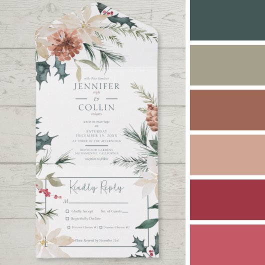 Rustieke kerstden & bessen wit diner all in one uitnodiging