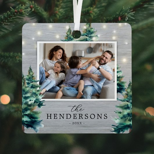 Rustieke kerstdennenboom familiefoto metalen ornament