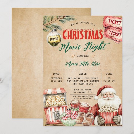 Rustieke kerstfilm Night Popcorn Santa Party Kaart (Voorkant / Achterkant)