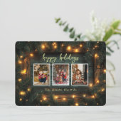 Rustieke Kerstfoto Collage Pine Garland Lights Feestdagenkaart (Staand voorkant)
