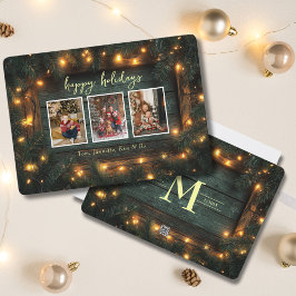 Rustieke Kerstfoto Collage Pine Garland Lights Feestdagenkaart