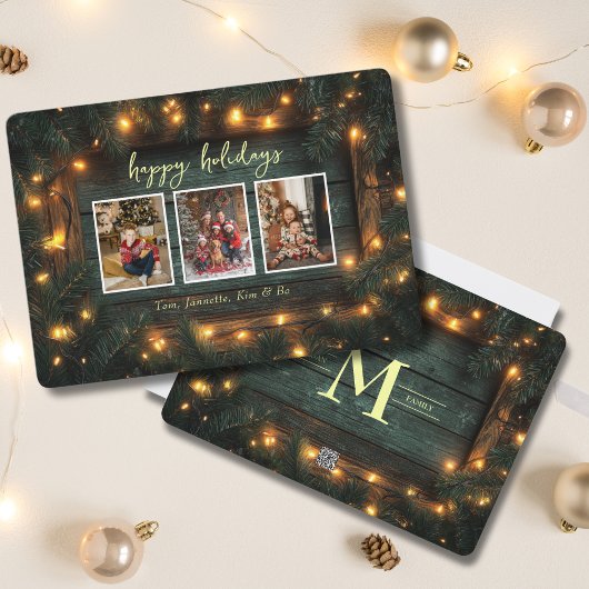 Rustieke Kerstfoto Collage Pine Garland Lights Feestdagenkaart