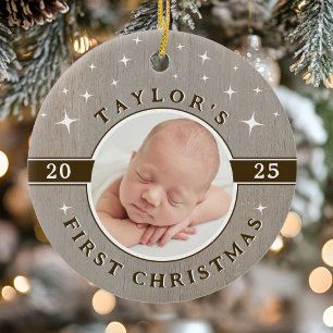 Rustieke kerstfoto-ornament voor baby's eerste ker keramisch ornament