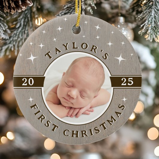Rustieke kerstfoto-ornament voor baby's eerste ker keramisch ornament