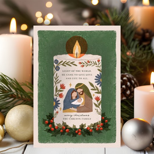 Rustieke kerstkaars Religieus Kerstmis Plat Feestdagenkaart