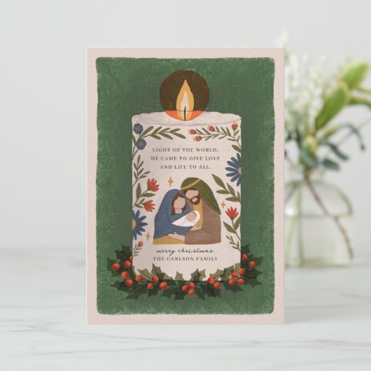 Rustieke kerstkaars religieuze kerstfoto feestdagenkaart (Staand voorkant)