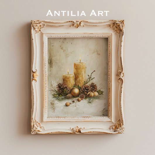 Rustieke kerstkaars schilderij stilleven poster