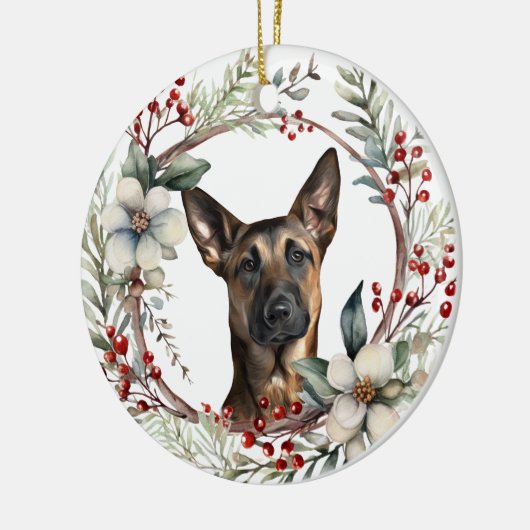 Rustieke Kerstkrans Belgische Malinois Hond Keramisch Ornament (Links)