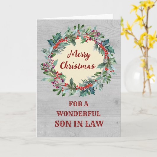 Rustieke Kerstkrans Zoon in de Wet Vrolijk Kerstfe Kaart (Gele Bloem)