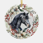 Rustieke Kerstkrans Zwart Paard Keramisch Ornament (Voorkant)