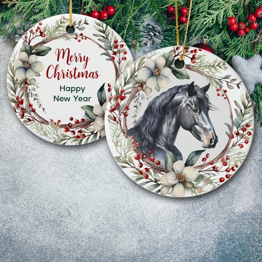 Rustieke Kerstkrans Zwart Paard Keramisch Ornament