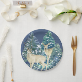Rustieke Kerstmis Besneeuwde Bos Herten Decoratie Papieren Bordje