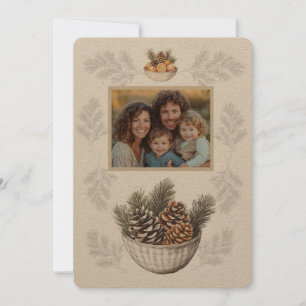 Rustieke Kerstmis Familie Foto Pine Branches Kegel Feestdagenkaart