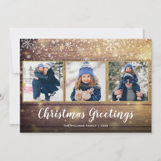 Rustieke Kerstmis Groeten Land Hout 3 Foto Feestdagenkaart (Voorkant)