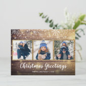 Rustieke Kerstmis Groeten Land Hout 3 Foto Feestdagenkaart (Staand voorkant)