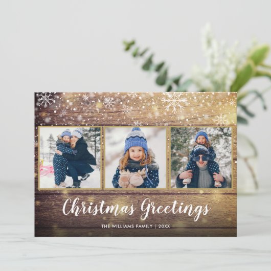 Rustieke Kerstmis Groeten Land Hout 3 Foto Feestdagenkaart (Staand voorkant)
