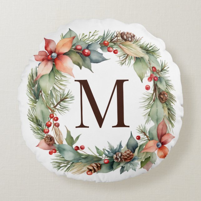 Rustieke Kerstmis Holly Poinsettia krans Monogram Rond Kussen (Voorkant)