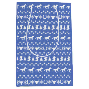 Rustieke Kerstmis Paard Patroon Blauw Medium Cadeauzakje