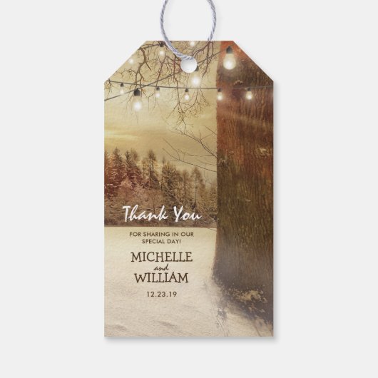 Rustieke Kerstmis Winter Boom Lichten Bruiloft gun Cadeaulabel (Achterkant)