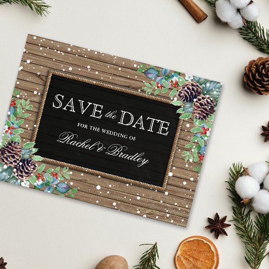 Rustieke Kerstmis Winter Bruiloft Save the Date Aankondigingskaart