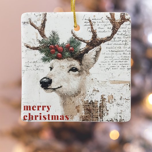 Rustieke Kerstmis Winter Reindeer Foto Keramisch Ornament