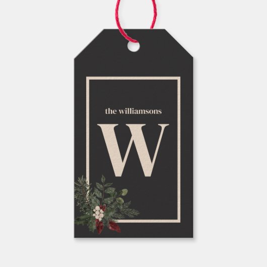 Rustieke Kerstmis Zwart & Cream Monogram Pine Cadeaulabel (Voorkant)