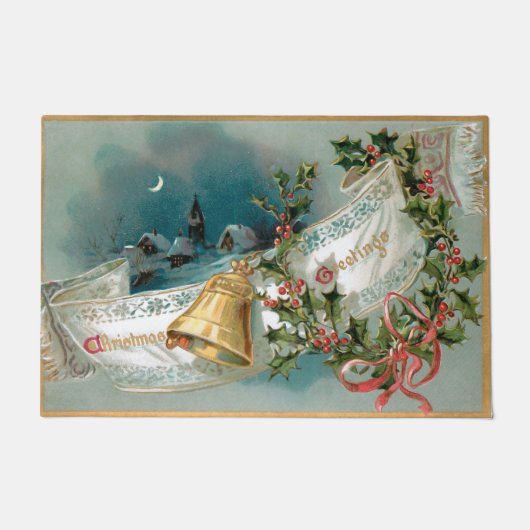 Rustieke Kerstmisbanner w/Bell, Lint & Holly Deurmat (Voorkant)
