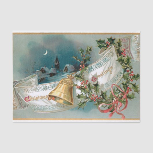 Rustieke Kerstmisbanner w/Bell, Lint & Holly Tissuepapier (Voorkant)