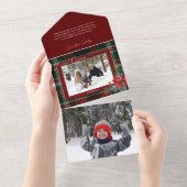 Rustieke kerstplaid w / Poinsettia & Pine Foto All In One Uitnodiging (Afscheurbaar)