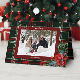 Rustieke kerstplaid w / Poinsettia & Pine Foto Feestdagen Kaart