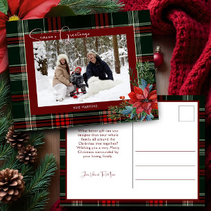 Rustieke kerstplaid w / Poinsettia & Pine Foto Feestdagenkaart