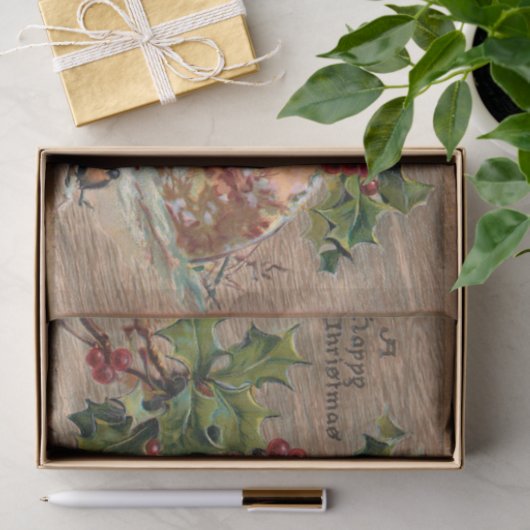 Rustieke kerstscène op verweerd hout tissuepapier (Geschenk)