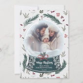 Rustieke kerstsneeuw wereldbol bloemenfamilie foto feestdagenkaart (Voorkant)