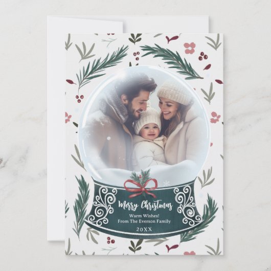 Rustieke kerstsneeuw wereldbol bloemenfamilie foto feestdagenkaart (Voorkant)