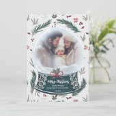 Rustieke kerstsneeuw wereldbol bloemenfamilie foto feestdagenkaart (Staand voorkant)