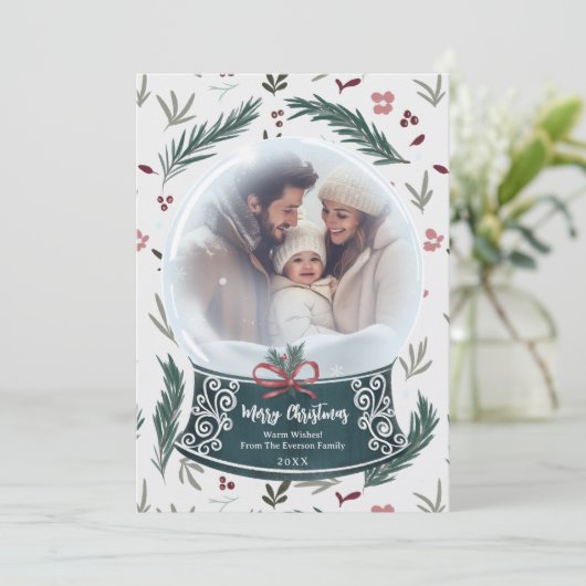 Rustieke kerstsneeuw wereldbol bloemenfamilie foto feestdagenkaart (Staand voorkant)