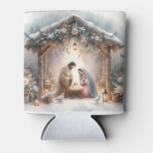 Rustieke kerststal met winterbloemen blikjeskoeler (Voorkant)