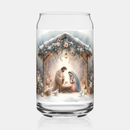 Rustieke kerststal met winterbloemen blikvorm glas (Voorkant)