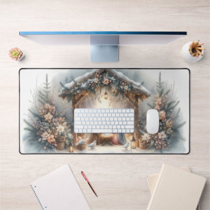 Rustieke kerststal met winterbloemen bureaumat