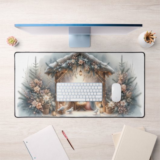 Rustieke kerststal met winterbloemen bureaumat (Kantoor 1)