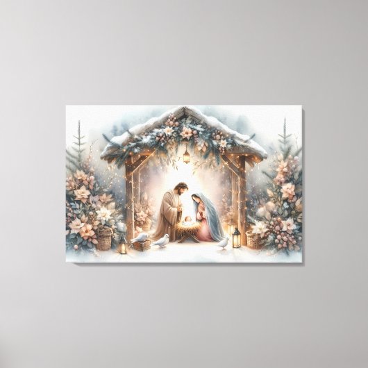 Rustieke kerststal met winterbloemen canvas afdruk (Voorkant)