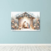 Rustieke kerststal met winterbloemen canvas afdruk (Insitu (Houten vloer))