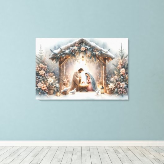 Rustieke kerststal met winterbloemen canvas afdruk (Insitu (Houten vloer))