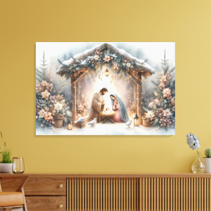 Rustieke kerststal met winterbloemen canvas afdruk