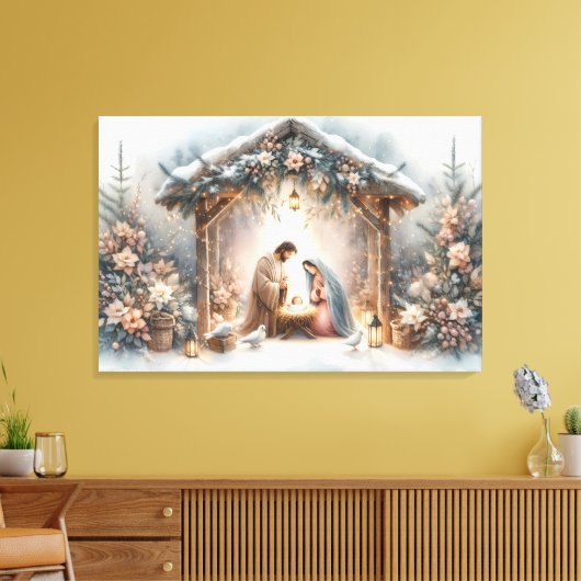 Rustieke kerststal met winterbloemen canvas afdruk (Insitu (Woonkamer))