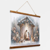 Rustieke kerststal met winterbloemen hangend wandkleed (Gebogen)