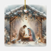 Rustieke kerststal met winterbloemen Kaart Keramisch Ornament (Achterkant)